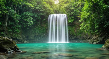 Flowing waterfall adventure in lush jungle nature photography serene landscape tropical environment