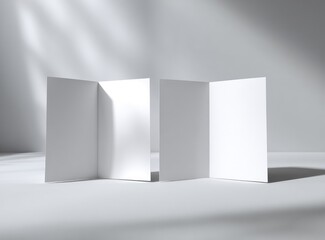 Two blank tri-fold brochures on a light gray surface, bathed in soft sunlight