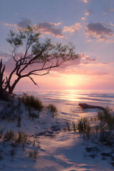 Fototapeta premium Tranquil Sunrise Over a Deserted Beach: A Serene Encounter with Nature's Masterpiece as the New Dawn Paints the Horizon with Vibrant Hues and Reflective Coastal Calm.
