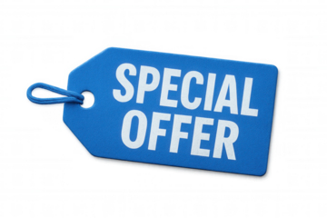 Blue sales tag hanging from string against transparent backdrop, highlighting promotional messaging