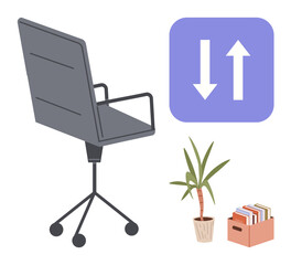Office chair on wheels with exchange icon, potted plant, and file box loaded with folders. Ideal for workspace, productivity, organization, office decor, work-life balance, business tasks simple