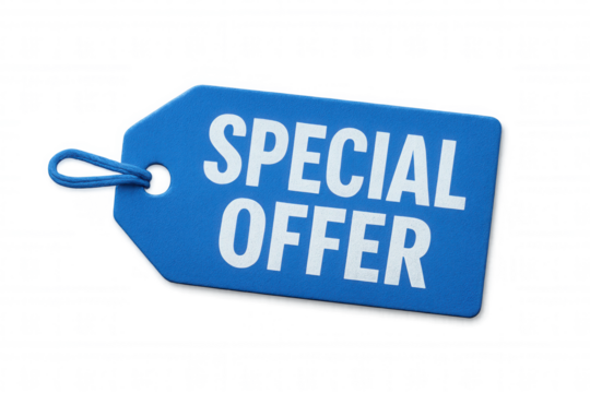 Blue sales tag hanging from string against transparent backdrop, highlighting promotional messaging