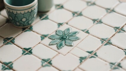 Close-up of a ceramic tile surface with a floral pattern and a decorative cup