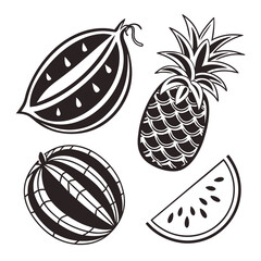 Black and white fruit icons watermelon pineapple