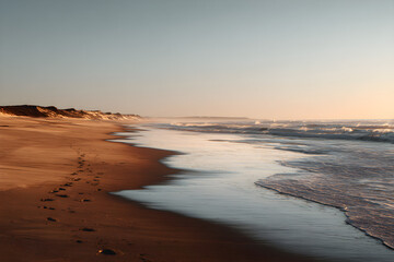 Tranquil Sunrise Over a Deserted Beach: A Serene Encounter with Nature's Masterpiece as the New Dawn Paints the Horizon with Vibrant Hues and Reflective Coastal Calm.