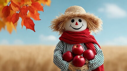 Scarecrow holding apples in a field with autumn leaves in the background. Scene is cheerful and playful