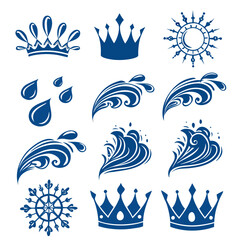 Blue royal crowns water drops snowflake sunburst vector © Murad