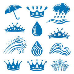 Blue royal crowns water drops and umbrella icons vector