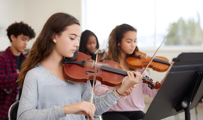 teen students seated in a bright classroom playing violins and flutes, music stands with sheet music,