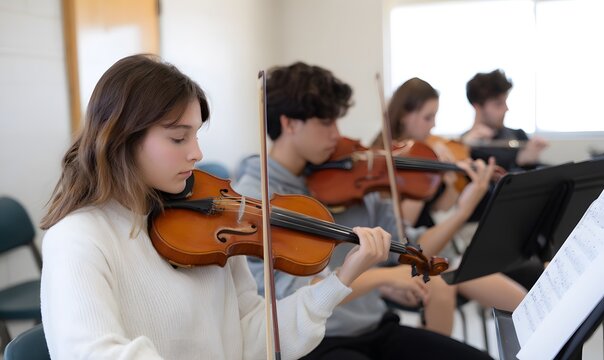 teen students seated in a bright classroom playing violins and flutes, music stands with sheet music, - Powered by Adobe