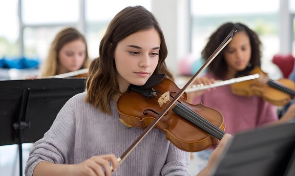 teen students seated in a bright classroom playing violins and flutes, music stands with sheet music,