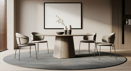 Modern dining room with round table chairs and artwork