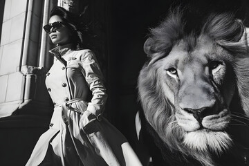 Empowered woman with bold lion symbolizes strength, confidence, and leadership in fashion concept