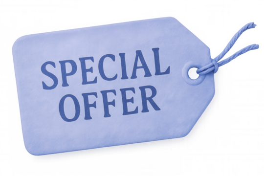 Blue promotional tag swinging from thin cord, displaying markdown pricing against clear backdrop, ideal for retail advertising