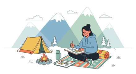 Creative Girl Enjoying Camping Sketching Mountains Landscape in Summer Vacation