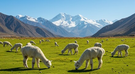 Naklejka premium Grazing alpacas in lush green valley andes mountains nature photography serene landscape daytime peaceful scene