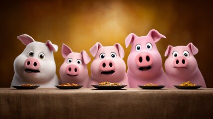 Group of cartoon pigs are sitting at a table eating food. Concept of camaraderie and enjoyment as the pigs share a meal together
