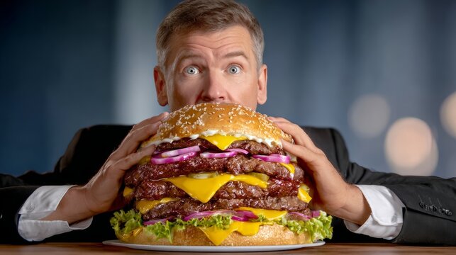 Man is holding a huge burger with lots of cheese and onions. The burger is so big that it is almost as tall as the man. Concept of indulgence and satisfaction, as the man is enjoying a large meal