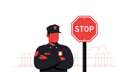 Determined Officer Standing Guard Near a Stop Sign Illustration