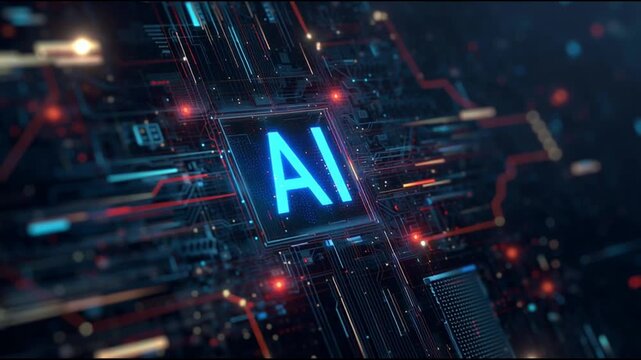 Abstract digital art with an illuminated AI logo in the center surrounded by swirling lines and futuristic elements