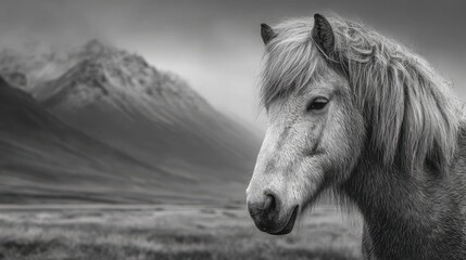 Majestic horse stands against dramatic mountains in a black and white landscape during early morning