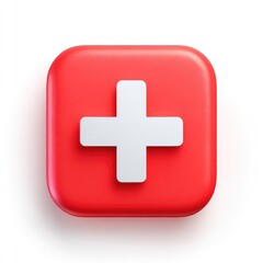 Obraz premium Red square button with a white plus sign. 3D rendered, isolated on white