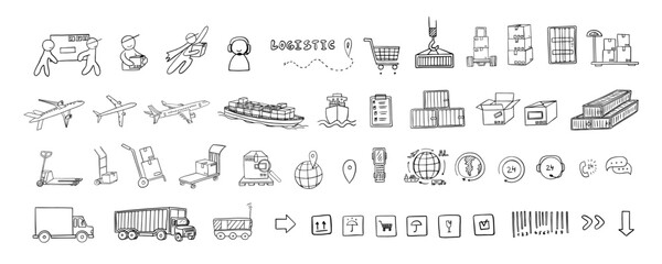 Big set of logistics theme in doodle style. Pushcart, cargo. Sea transportation, air transportation, truck transportation, transport. Messenger