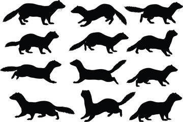  A collection of mink and weasel silhouettes, in various running and stalking poses, showcasing the agility and movement of these animals.