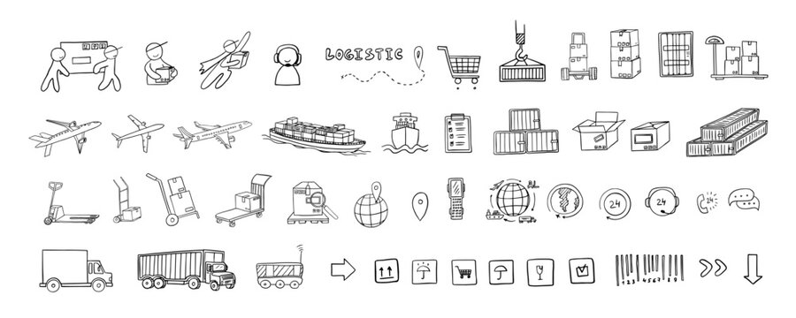 Big set of logistics theme in doodle style. Pushcart, cargo. Sea transportation, air transportation, truck transportation, transport. Messenger
