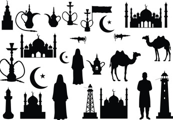 A collection of various Middle Eastern and Arabic culture icons, including mosques, camels, people, and other traditional symbols, vector illustration.