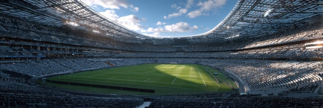 Spectacular stadium view during golden hour with sunlight illuminating the soccer field