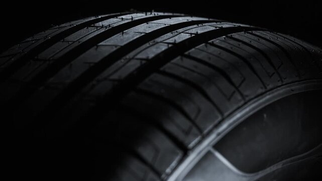 New detailed automotive road summer radial wheel tire, tread pattern profile close-up shot in dark studio. Passenger vehicle spare part. Black rubber surface. Depth of field. Rack focus
