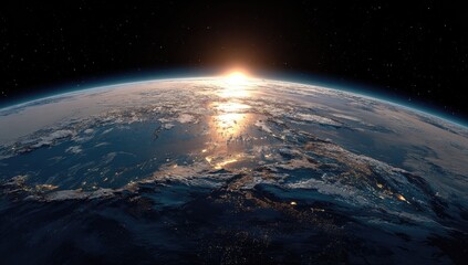 Fototapeta premium Earth rising, sunrise, from space. Vast view of the planet, lit by a rising sun, with swirling clouds and landmasses