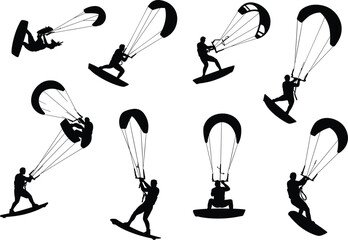 A set of kitesurfing silhouettes, showing various actions and poses of people engaging in the exciting water sport, vector illustration.