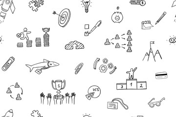 Fototapeta premium Seamless pattern of business elements in doodle style. Success, startup, team, good idea, creative, plan. 