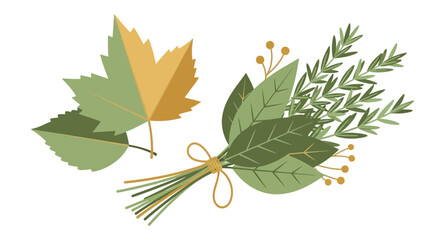 Decorative Autumnal Foliage Arrangement With Maple And Herb Bouquets Isolated