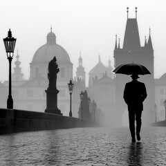 Obraz premium Mysterious Silhouette of a Man with Umbrella on a Foggy Cobblestone Street in Historic Prague