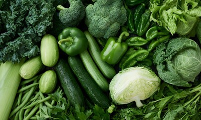 top-down view of a densely packed, vibrant assortment of fresh green vegetables covering the entire frame