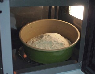 Dough proofing in green bowl inside microwave