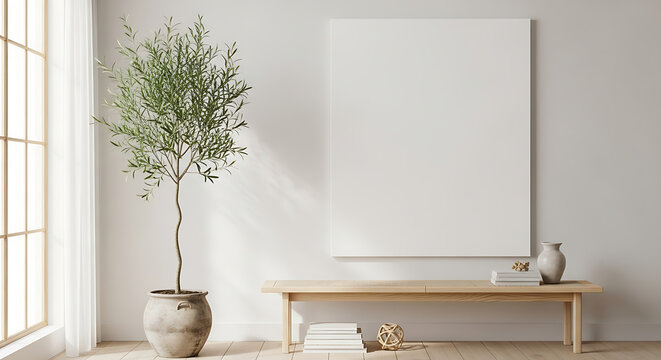 Modern interior with tall potted plant and blank canvas on wall