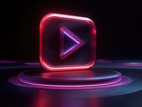Play icon, glowing, neon, square, 3D, dark background, pedestal - Powered by Adobe