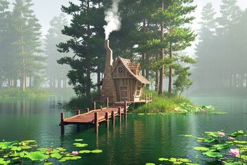 a strange wooden house with  chimney in the lake surrounded by wild flowers and pine trees in the  background