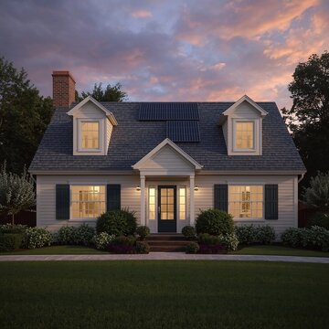 Cozy Home at Dusk with Solar Panels., Solar Powered Cape Cod Home., cape cod home with solar panels on the  roof at dusk., cape cod home with well maintained garden.,