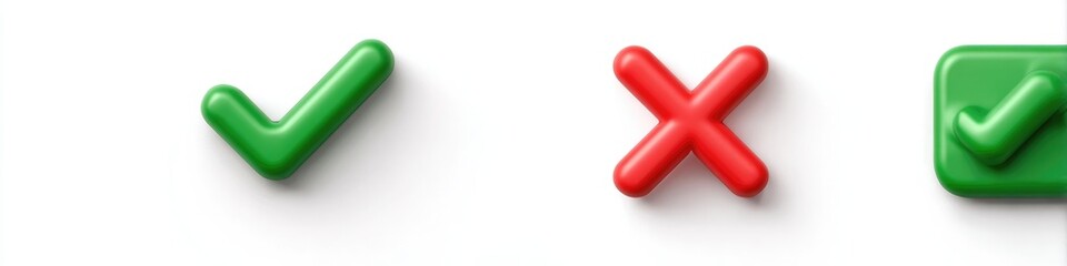 Obraz premium Three 3D check marks, one green check, one red X, one green check in a box