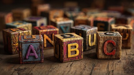 Obraz premium Vibrant Alphabet Blocks in Various Languages on Wooden Table with Warm Ambient Light