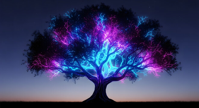 Tree of Light – A silhouette of a tree with neon glowing branches spreading out like a neural network