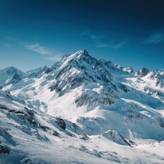 Fototapeta premium Snowy mountain peak, winter landscape, clear sky, alpine scenery, travel poster