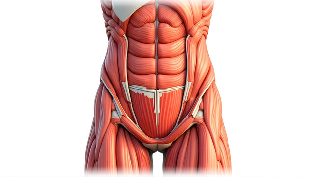 Anatomy & Physiology A cross-section of abdominal muscles, isolated on white, showing rectus abdominis, oblique, and transverse abdominis layers for core training (2)