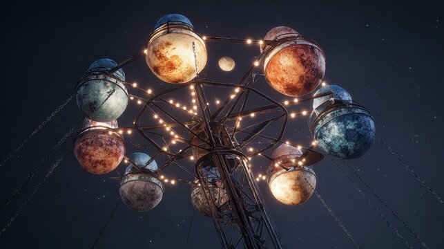 Nighttime planetary carousel ride, starlit sky. Fantasy, amusement park attraction