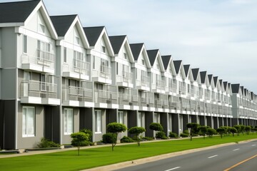 Fototapeta premium Beautiful row of new townhouses with gray-and-white walls large first-floor windows second-floor terraces front garages and green lawns between buildings